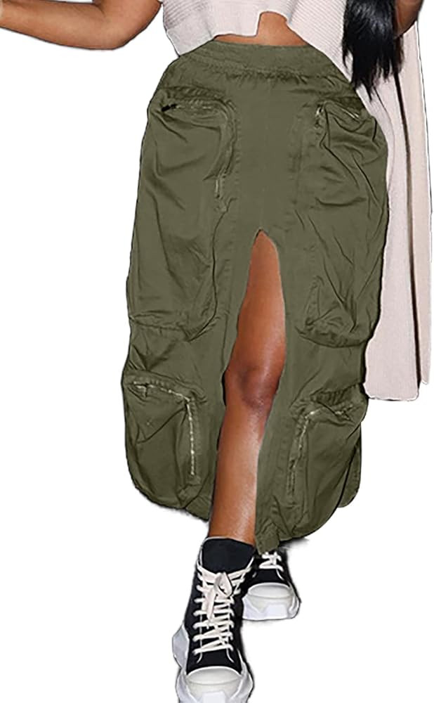 Womens Cargo Midi Skirt Elastic Waist Loose Fit Casual Skirts with Multi Pockets | Amazon (US)
