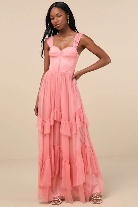 Stunning Personality Pink Mesh Off-the-Shoulder Maxi Dress | Lulus