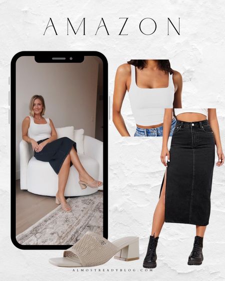 Amazon style recreation, black denim skirt, midi denim skirt, croped cami top, mesh heels 

#LTKfindsunder50 #LTKfindsunder100