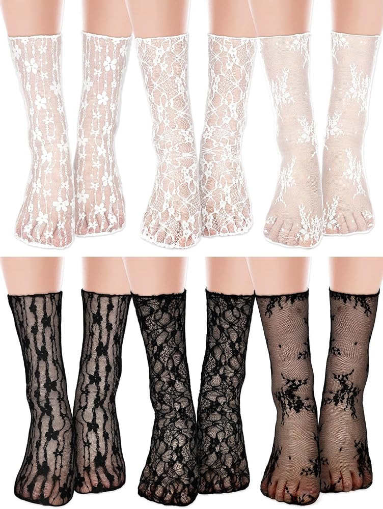 6 Pairs Womens Lace Ankle Socks Ruffle Frilly Sock Mesh Lace Trim Sock for Women Princess Accesso... | Amazon (US)