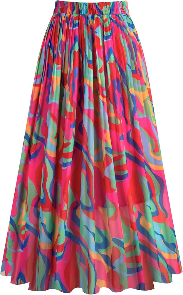 Kingfancy Women's Pleated Skirt Chiffon Elastic Waist A-Line Midi Length Skirt | Amazon (US)