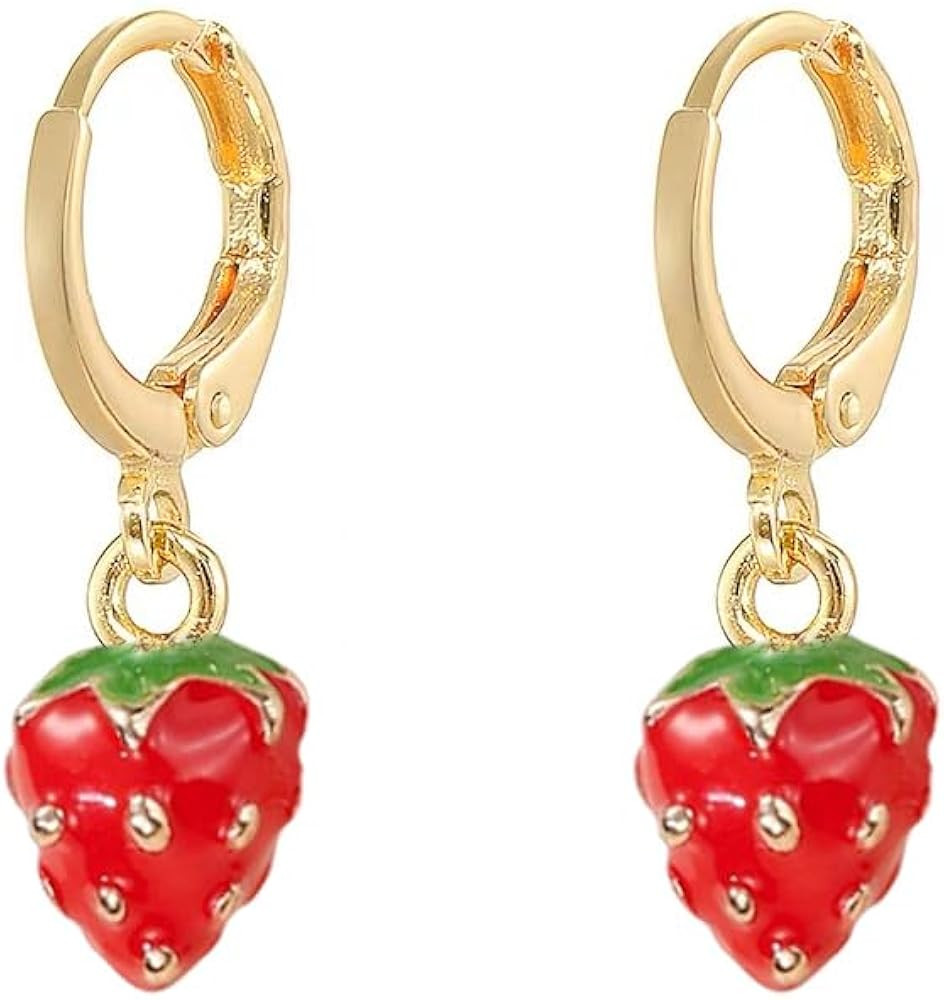 Cute Strawberry Small Hoop Earrings for Women Girls Tiny Huggie Red Enamel Lifelike Fruits Lucky ... | Amazon (US)