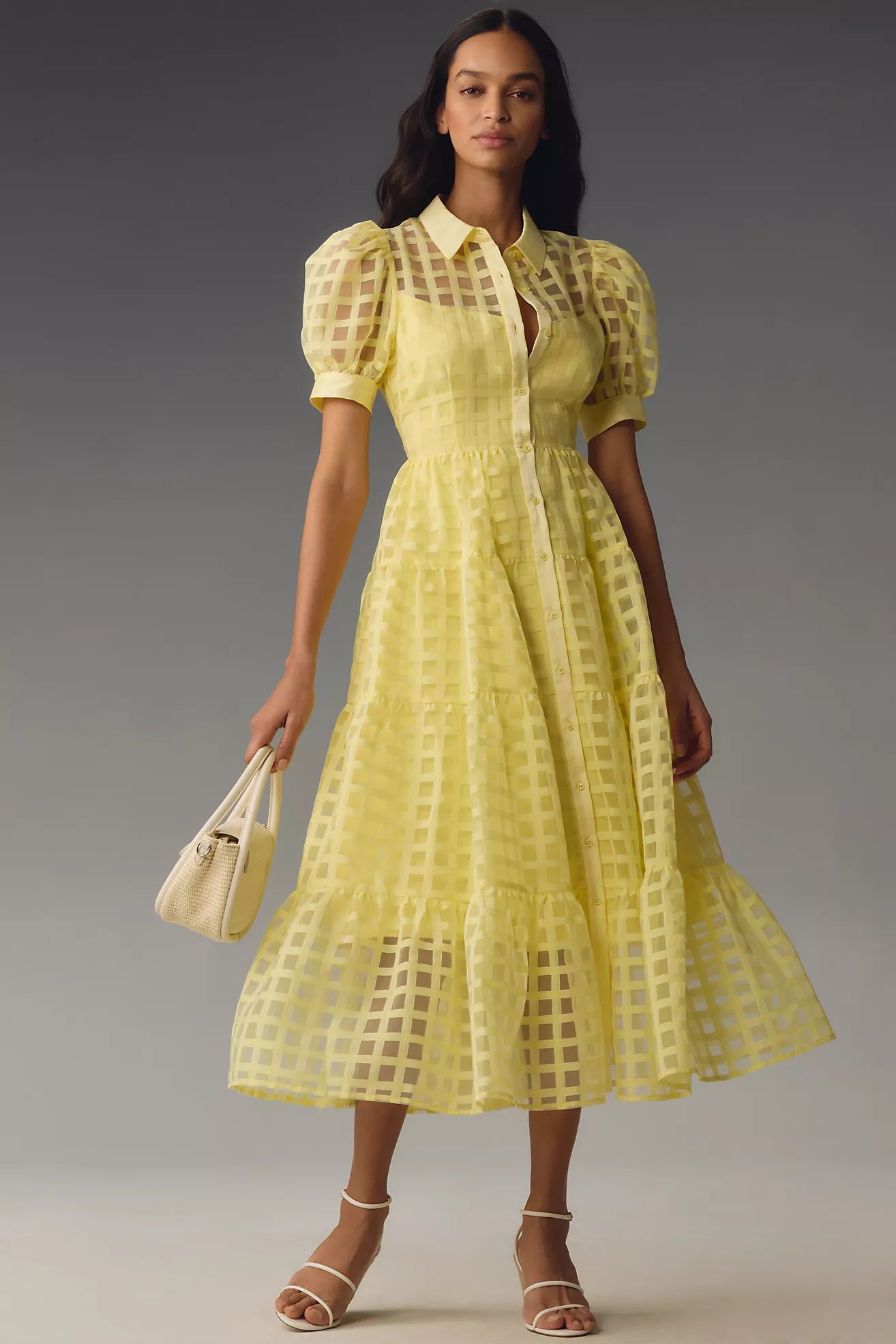 English Factory Organza Short-Sleeve Button-Front Midi Dress | Anthropologie (US)