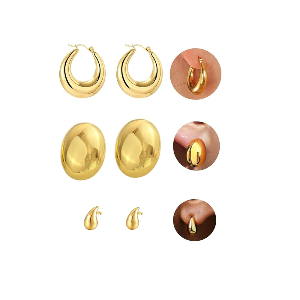 3 Pairs Chunky Gold Earrings,Gold Earrings for Women Thick Oval Stud/Hoop/Waterdrop Earrings Set ... | Amazon (US)