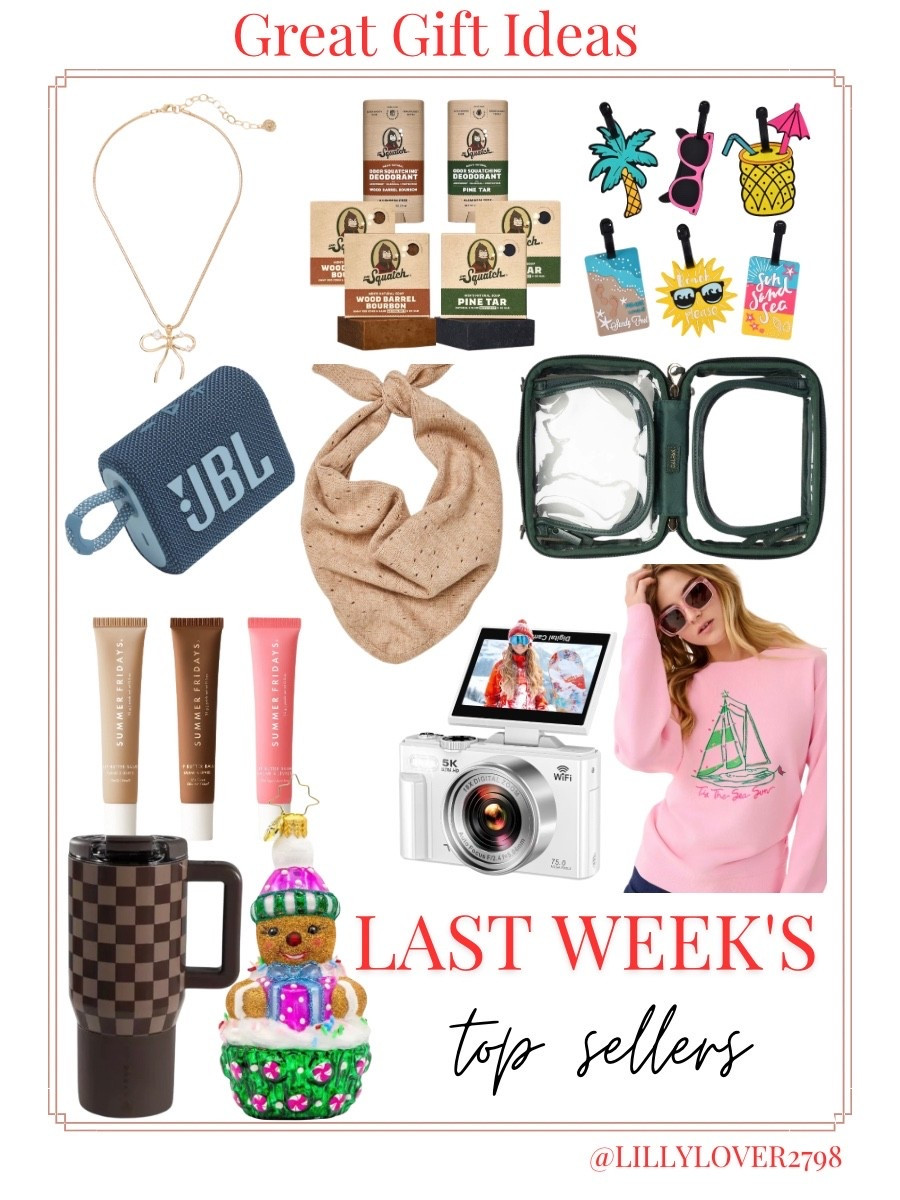 Gift Ideas 

These were my top sellers last week. Great gift ideas for everyone on your list - for teens, for him, for the traveler, for mom etc. 

I own several of these products and have purchased them for gifts! I have linked these and several of my favorites below. 

#LTKTravel #LTKBeauty #LTKMens #LTKFindsUnder50 

gift for him, gift for her, gift for the traveler, gift for teens, teen gifts, holiday gifts, stocking stuffers, teen stocking stuffers, cosmetic bag, weekender bag. Triangle scarf, speaker, Squatch, Calpak, necklace. summer Friday’s, hydro jug,travel mug, luggage tags, ornament, 

#LTKHoliday #LTKGiftGuide #LTKSaleAlert