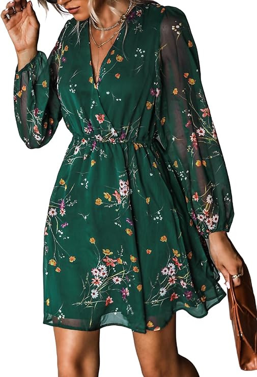 CUPSHE Women's Mini Dresses Casual Spring V Neck Chiffon Long Peasant Sleeves Flowy Spring Dress | Amazon (US)