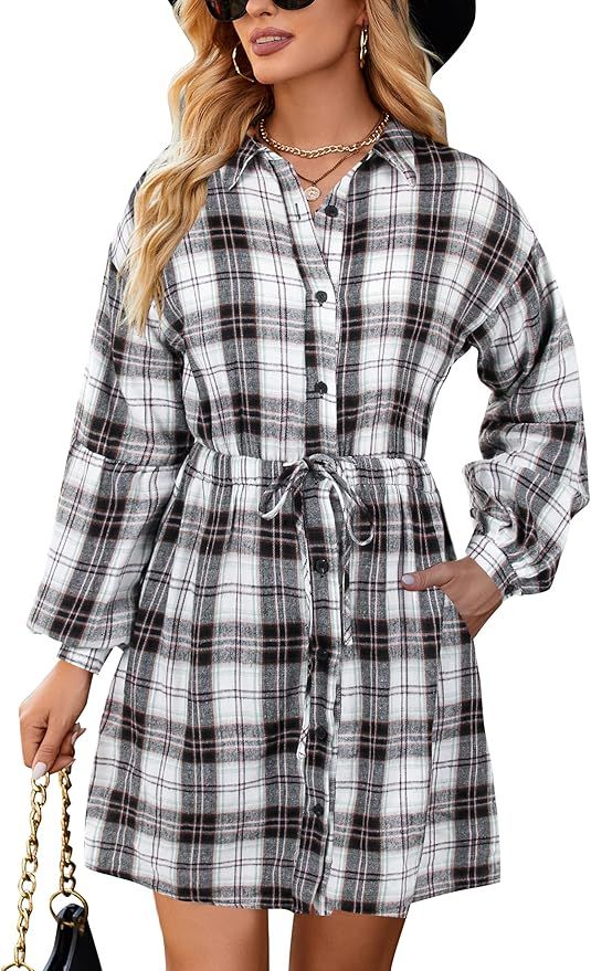 Blooming Jelly Womens Plaid Dress Flannel Puff Sleeve Dress Button Down Casual Fall Dresses for W... | Amazon (US)