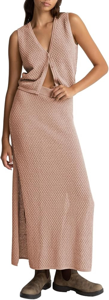 Pink Queen Women's Summer 2 Piece Outfit Set V Neck Button Crop Tank Top Vest Bodycon Maxi Long S... | Amazon (US)