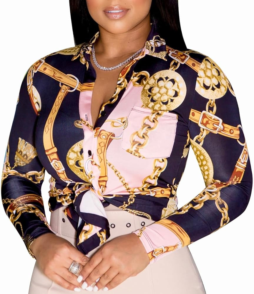 Buchona Blouses for Women Long Sleeve Floral Print Blouses & Button-Down Shirts Loose Collar Sexy... | Amazon (US)