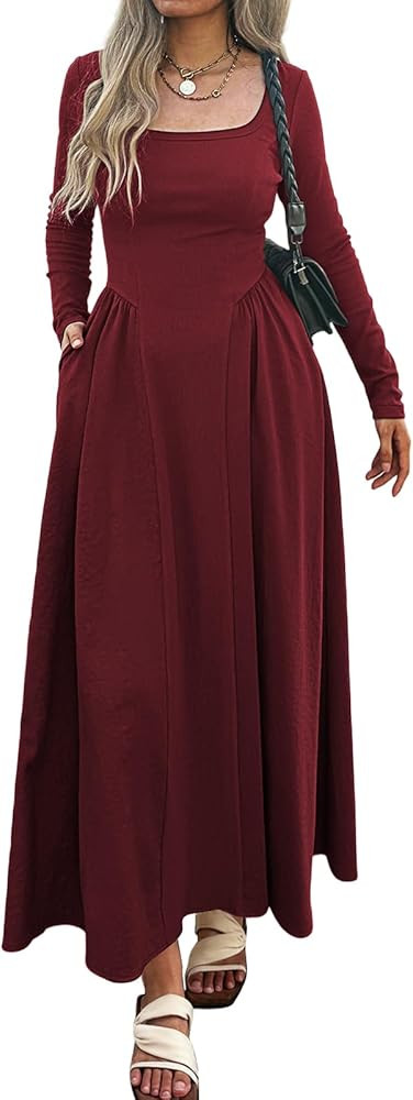 Fall Maxi Dress for Women 2025 Square Neck Long Sleeve Patchwork Ribbed Knit Dress Flowy A Line D... | Amazon (US)