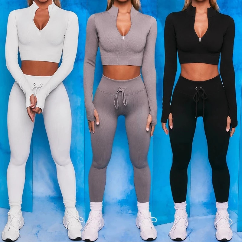 Seamless Yoga Set Women Zippers Long Sleeve Crop Shirt High Waist Legging Workout Outfit Run Fitn... | AliExpress (US)