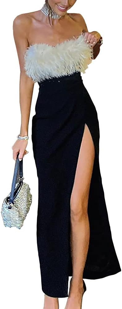 Women's Sexy Feather Corset Tube Long Dress Tight High Split Club Party Dresses | Amazon (US)