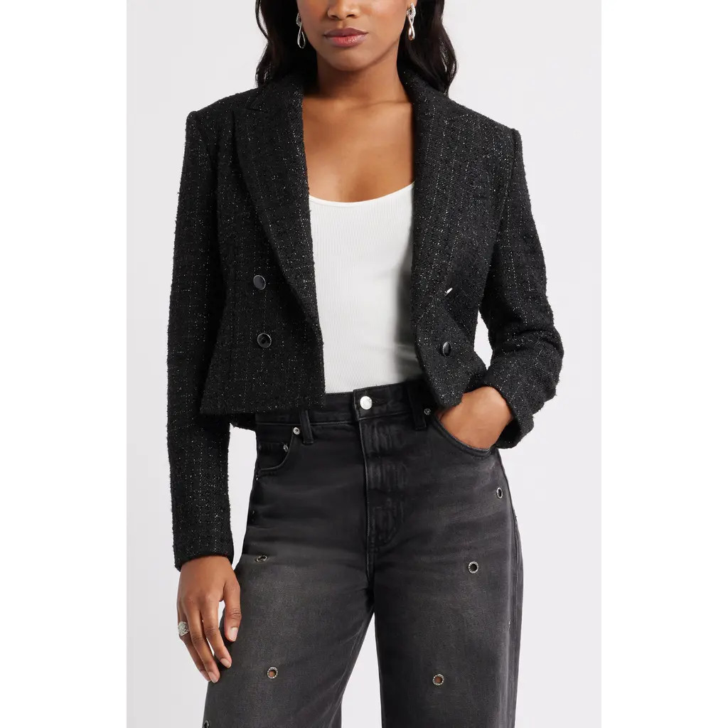 Open Edit Crop Double Breasted Tweed Blazer in Black at Nordstrom, Size Xx-Small | Nordstrom