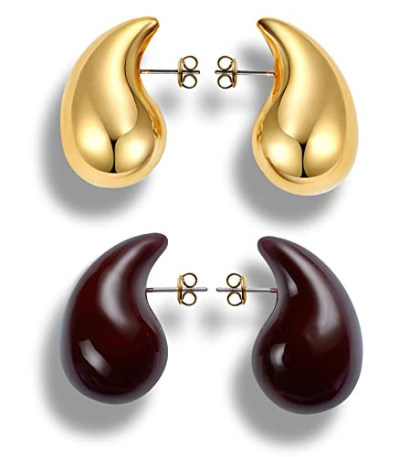 Chunky Gold Hoop Earrings for Women, Lightweight 14K Gold Plated Teardrop Open Hoops, Hypoallergenic Fashion Jewelry for Women (303820G+wine) | Amazon (US)