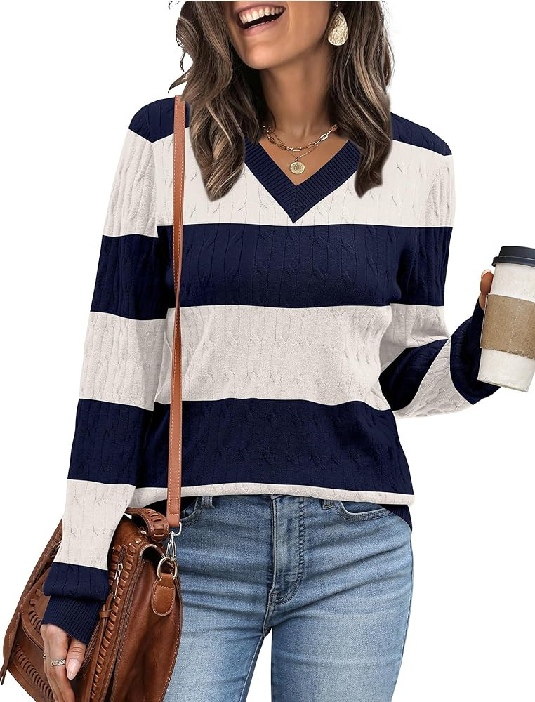 SAMPEEL Sweaters for Women Fashion 2025 Cable Knit Fall Clothes V Neck Business Casual Teacher Ou... | Amazon (US)