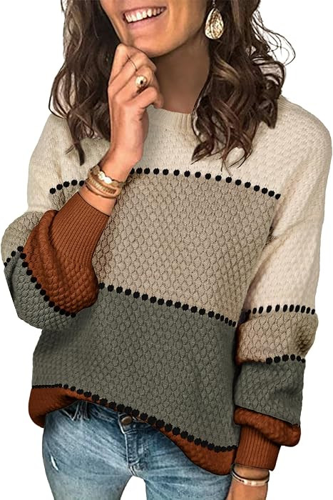 Angashion Women's Sweaters Casual Long Sleeve Crewneck Color Block Patchwork Pullover Knit Sweate... | Amazon (US)