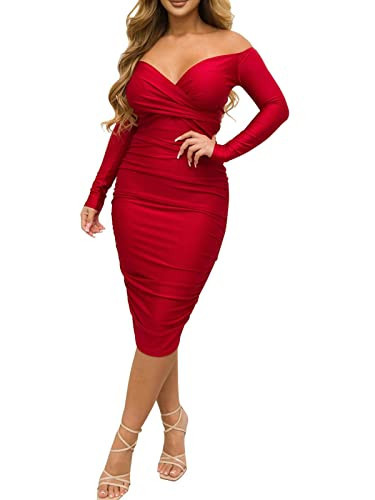 Women's Sexy Deep V Neck Off Shoulder Ruched Bodycon Long Sleeve Midi Dress Evening Party Cocktail Dress Red L | Amazon (US)
