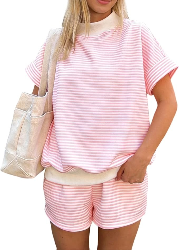 Colorful world Womens Short Sets Trendy Mock Neck Short Sleeve Tops Casual Shorts Mockneck Set Su... | Amazon (US)