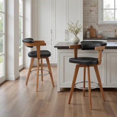 Set Of 2 Faux Leather Swivel Bnetwood Barstool | Wayfair North America