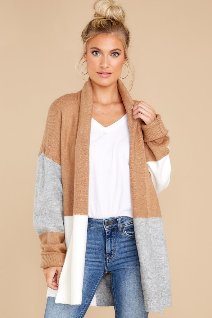Wondering Heart Camel Colorblock Cardigan | Red Dress 