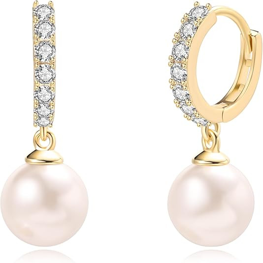 CZ Pearl Dangle Gold Plated Hoop Earrings for Women | 925 Sterling Silver Posts | | Amazon (US)