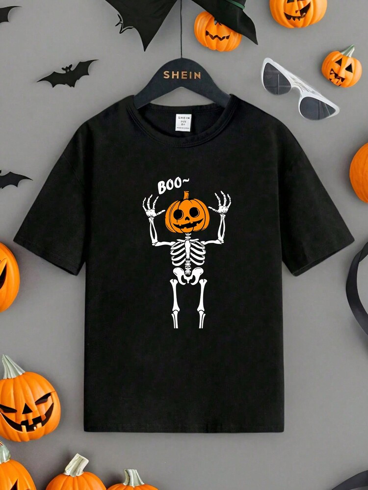 TrendsTween Boy Round Neck T-Shirt, Halloween Pumpkin Skeleton "BOO" Graphic Print, Holiday Desig... | SHEIN