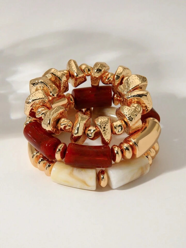 3pcs Vintage Multi-Layer Brown Acrylic Beaded Bracelet & Gold Nugget Bracelet, Suitable For Women, Couples, Party Or Daily Wear | SHEIN