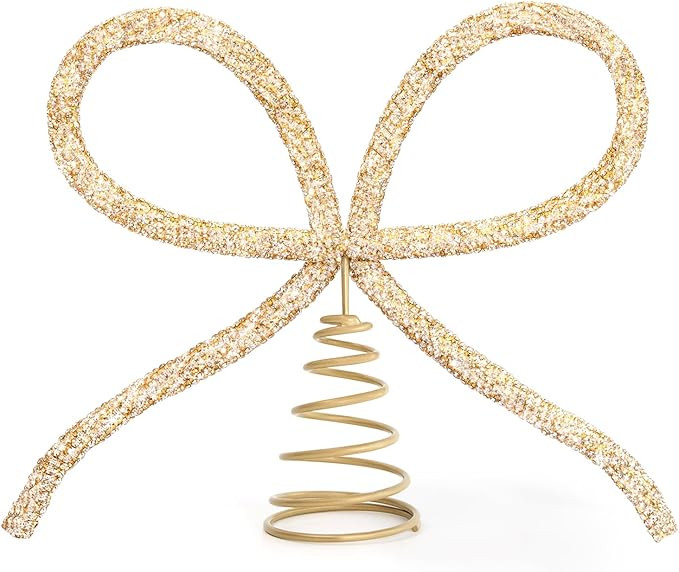 Christmas Decorations - Christmas Decor - Gold Glass Rhinestone Bow Tree Topper - Xmas Holiday Tr... | Amazon (US)