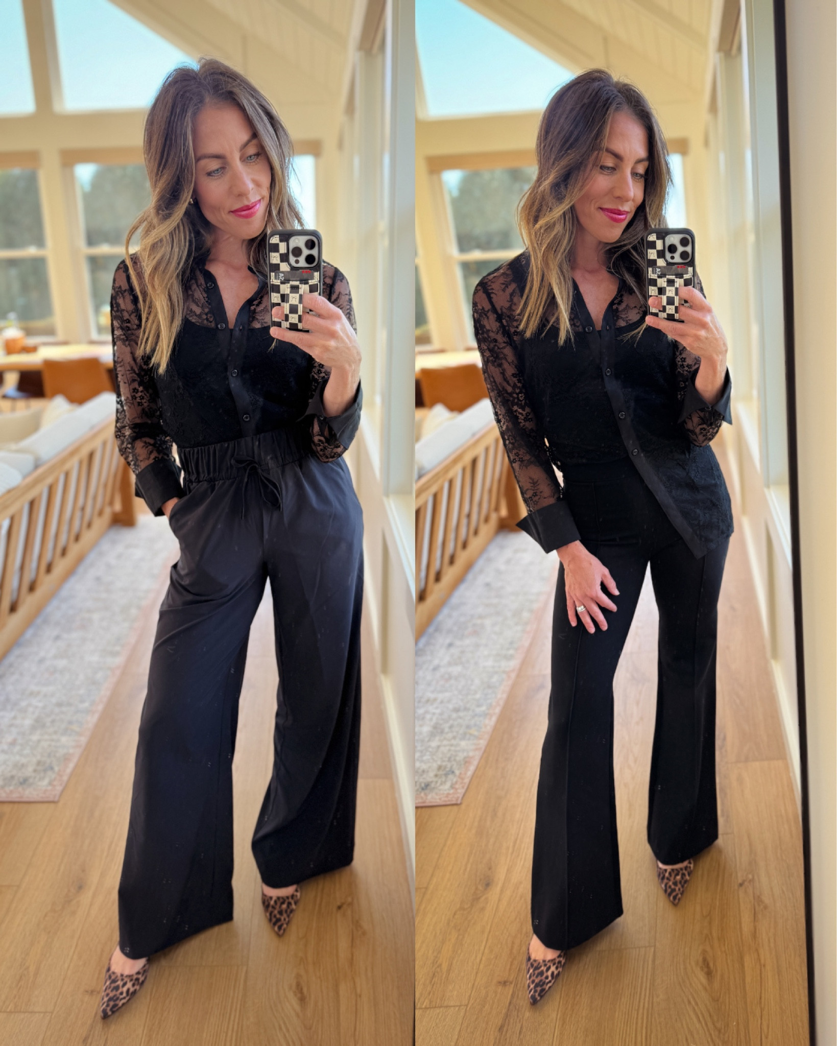 Black lace top: xs
Black layering tank: small
The perfect pant from spanx: xs petite 
Black wide leg pants: xs
Leopard kitten heels: 6 (fits TTS)

#LTKFindsUnder50 #LTKStyleTip #LTKSaleAlert