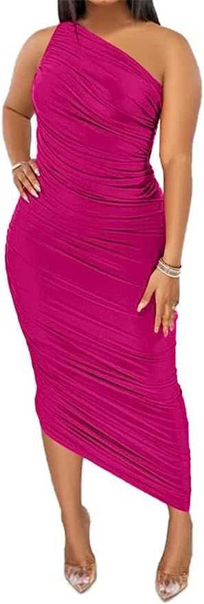Women's One Shoulder Bodycon Dress Ruched Sleeveless Summer Dress Cocktail Evening Party Dresses | Amazon (US)
