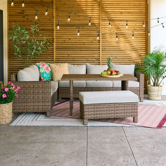 Better Homes & Gardens Brookbury 4-Piece Outdoor Wicker Patio Sectional Dining Set, Beige Cushion... | Walmart (US)