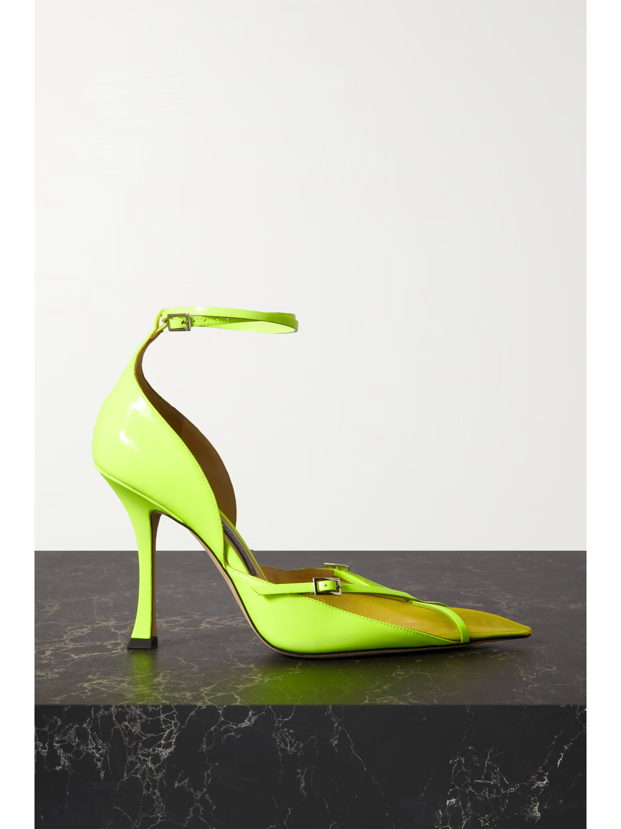 Jimmy Choo - + Mugler Strap 100 Buckled Neon Leather And Mesh Pumps - Yellow | NET-A-PORTER (US)