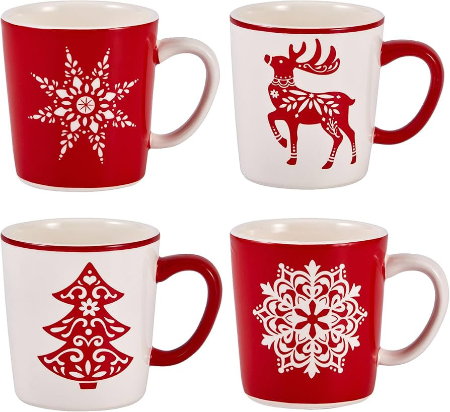 Bico Holly Jolly Ceramic Mugs, Set of 4, for Coffee, Tea, Drinks, Microwave & Dishwasher Safe | Amazon (US)