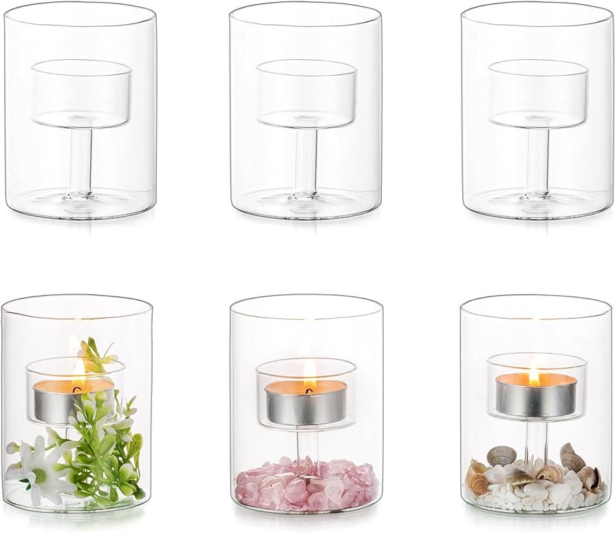 Glasseam Glass Tealight Candle Holder, Clear Hurricane Candle Holder Set of 6, Modern Cylinder Ca... | Amazon (US)