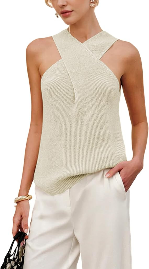 Yeokou Women Halter Cross Over Collar Tank Knit Sleeveless Top Solid Color Casual Summer Blouse | Amazon (US)