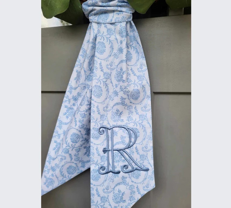 Chinoiserie Wreath Sash Light Blue Floral Wreath Scarf Housewarming Gift for Newly Wed Couple Gif... | Etsy (US)
