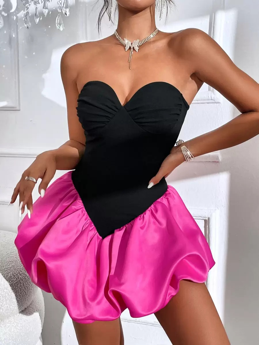 HomeWomen ClothingWomen DressesSHEIN SXY Two Tone Ruched Bustier Hanky Hem Tube Dress | SHEIN