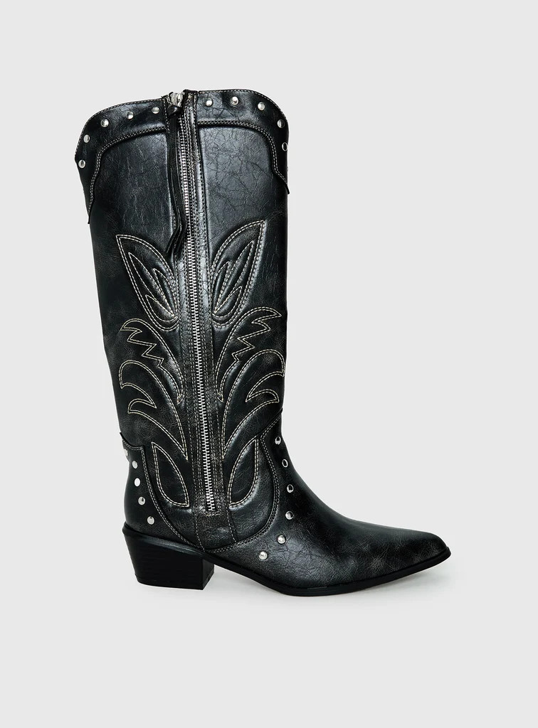 Austin Distressed Cowboy Boots Black | Princess Polly US