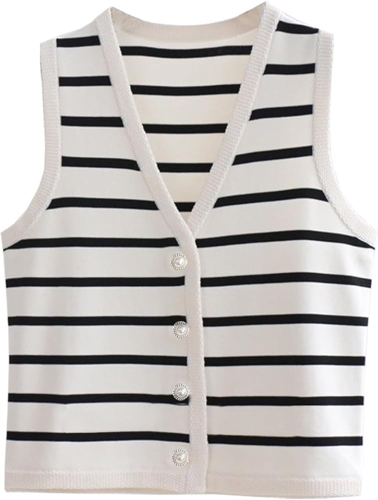 Womens Striped Knit Vest Dressy Sweater Trendy Sweater Sleeveless Button Down Tank Tops Summer | Amazon (US)