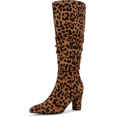 BLISSFUL STEP Wrinkled Pointed Toe Chunky Heel Knee High Sock Boots for Women 9.5 Leopard | Target