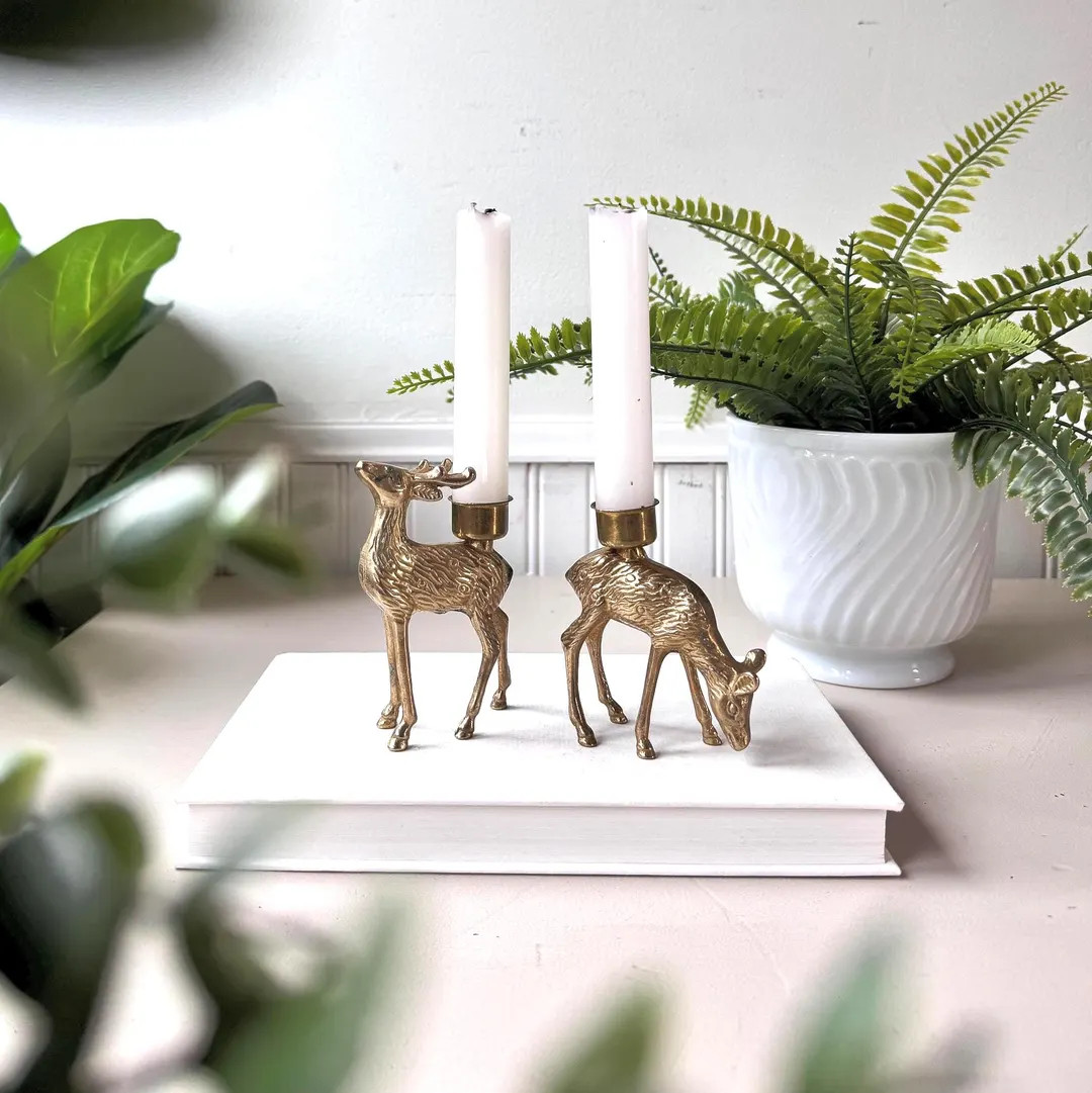 Vintage 1970s Brass Reindeer Candle Holders Set of 2, MCM Mid Century Pair Mini Taper Candlestick... | Etsy (US)