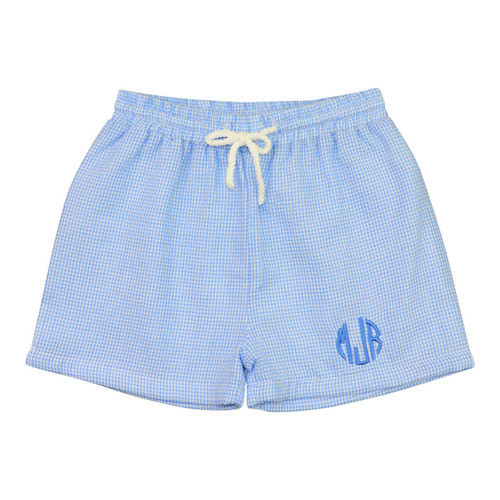 Blue Seersucker Gingham Swim Trunks | Cecil and Lou