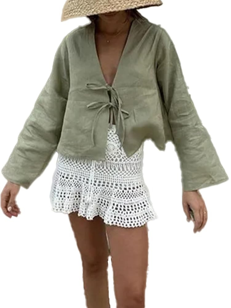 Chvity Tie Front Tops for Women Y2K Linen Shirts Flare Sleeve V Neck Going Out Coquette Clothes C... | Amazon (US)