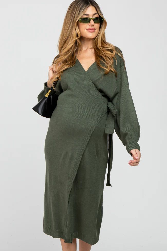 Olive Wrap Sweater Knit Maternity Midi Dress | PinkBlush Maternity