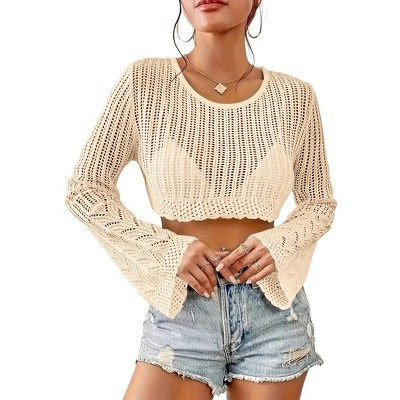Women Crochet Sweater Lightweight Cropped Summer Tops Long Sleeve Hollow Out Knit Cover Up | Target