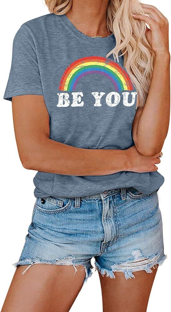 Pride Shirt Women Be You T-Shirt Rainbow Graphic Tee LGBT Equality Short Sleeve Tops | Amazon (US)