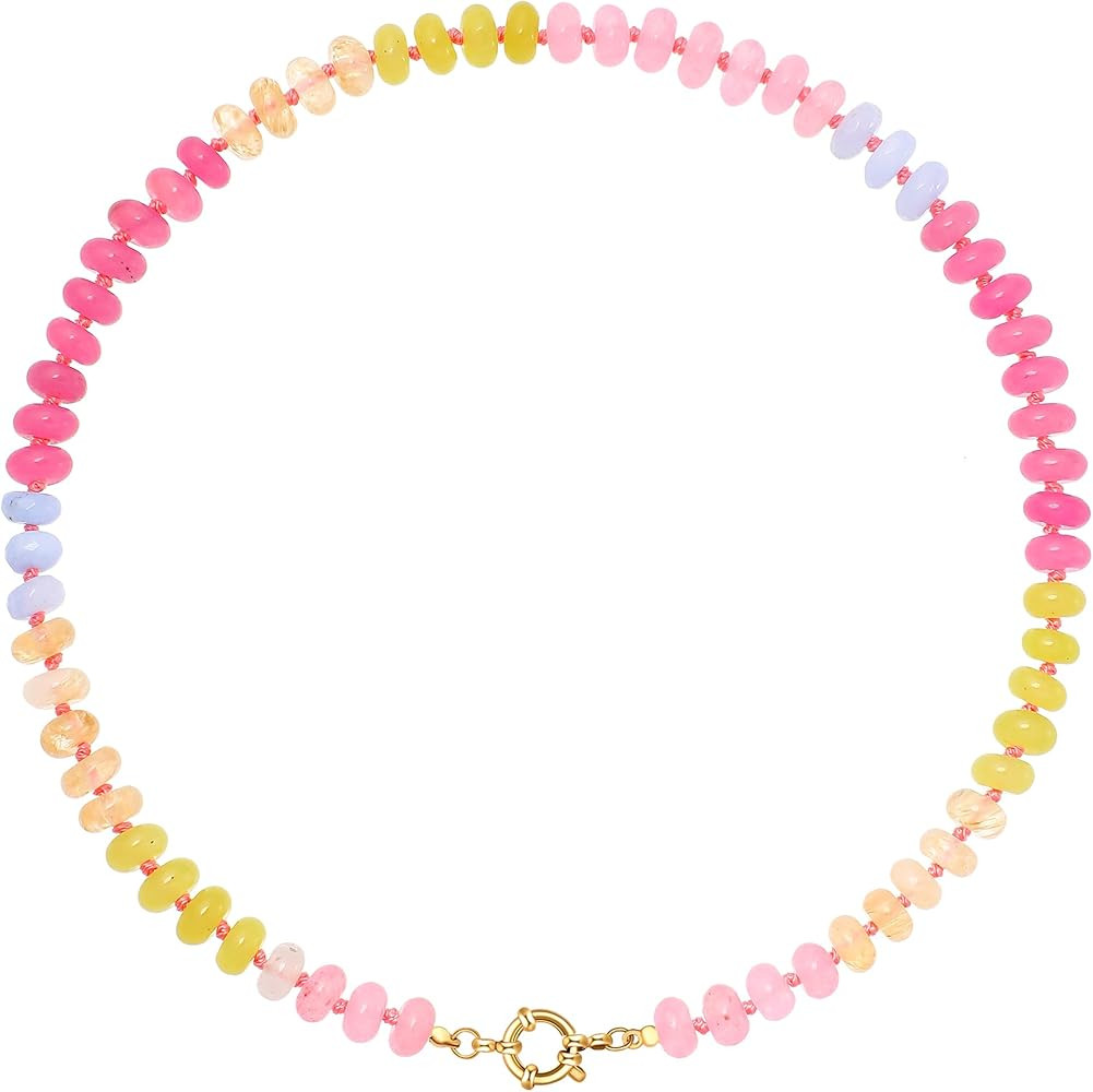 Colorful Beaded Gemstone Necklace for Women, Boho Rainbow Bead Choker with Natural Stone Crystal ... | Amazon (US)