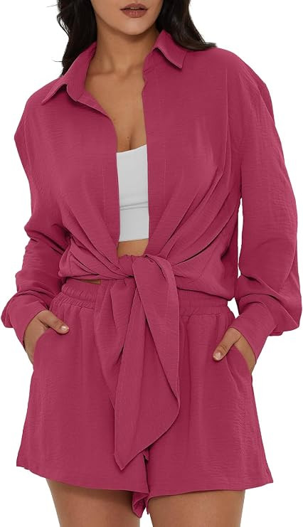 DEEP SELF Womens 2 Piece Summer Outfits Casual Long Sleeve Knot Front Shirts Matching Shorts Vaca... | Amazon (US)