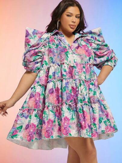 SHEIN X Katalyst Kouture Plus Floral Print Puff Sleeve Ruffle Hem Shirt Dress | SHEIN