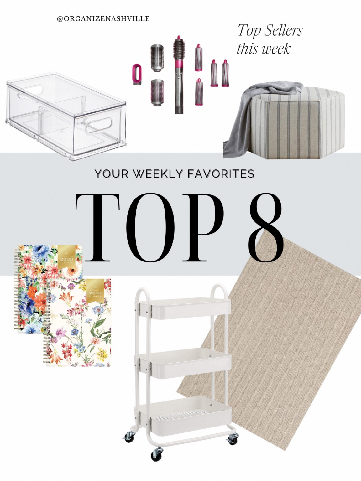 Love your favorites for this week. I didn’t hype the Nordstrom sale or prime day so wasn’t sure what this week would look like. 

1. Divided drawer bin by the home edit at the container store (I love using these in the fridge.
2. The Dyson Airwrap dupe continues to be a hair tool favorite. I got to use a real Dyson Airwrap last weekend in Denver and learned some great techniques I’ll share with you soon. So glad I spent $30 rather than $800.
3. Day planners a re hot this time of year and these by day designer are popular vertical planners.
4. The nursing cart continues to be a favorite. We’ve used ours as worn out cart, art cart and more!
5. The Erin gates momeni herringbone rug has been a favorite for years. It’s performance grade and stains come up so easily. This is a great dupe to the Ballard designs herringbone rug.
6. This striped ottoman is so stylish and a great price point. We had it at our last house and was very kid friendly. 
7 & 8. Storage tray drawer organizers in a variety of sizes for only $2 per set
